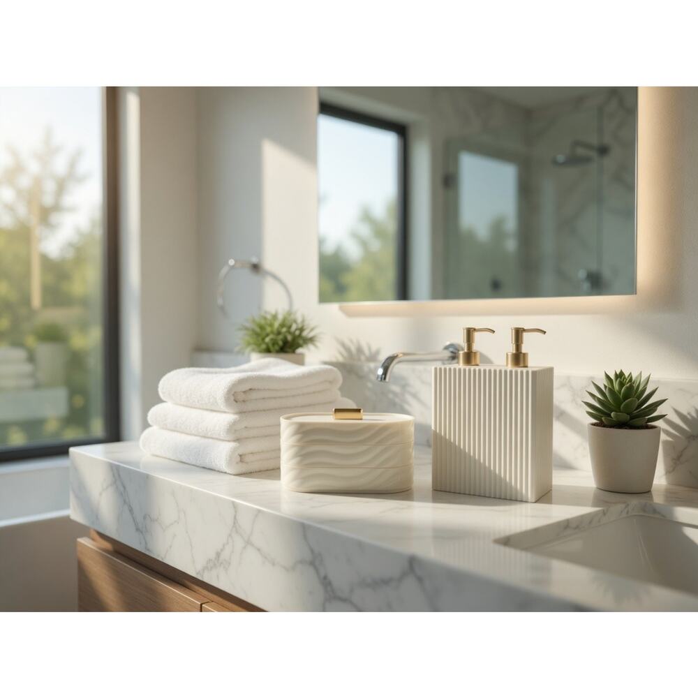 Cream Ribbed Bathroom Set – Soap Dispenser + Stackable Storage - Picture 5 of 5